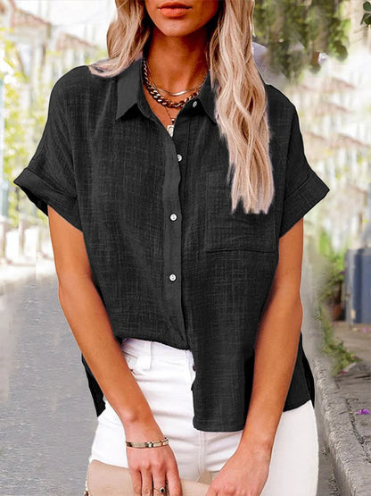 Women's Solid Color Cotton Linen Shirt Short Sleeve with Pocket