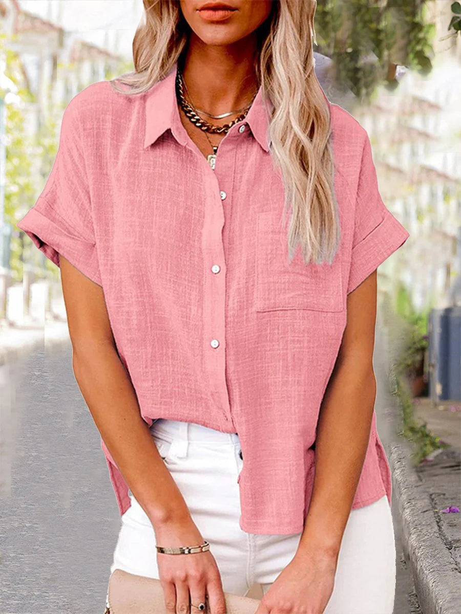Women's Solid Color Cotton Linen Shirt Short Sleeve with Pocket