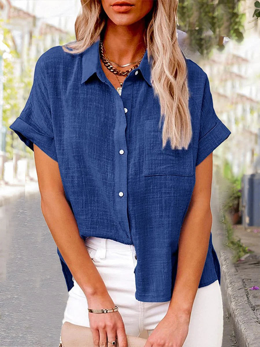 Women's Solid Color Cotton Linen Shirt Short Sleeve with Pocket