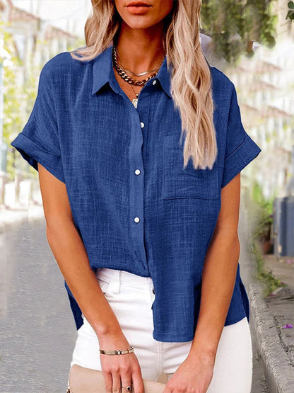 Women's Solid Color Cotton Linen Shirt Short Sleeve with Pocket