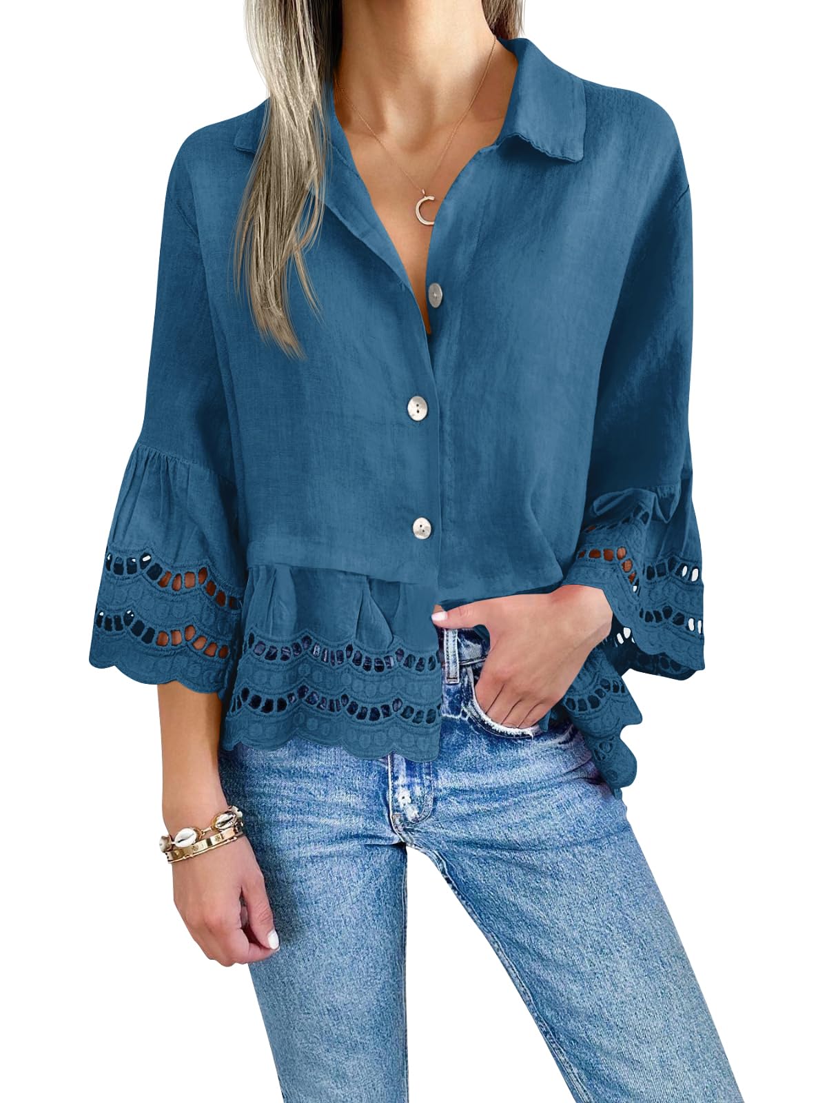 Women's Chic Ruffle Hem Hollow Out Blouse