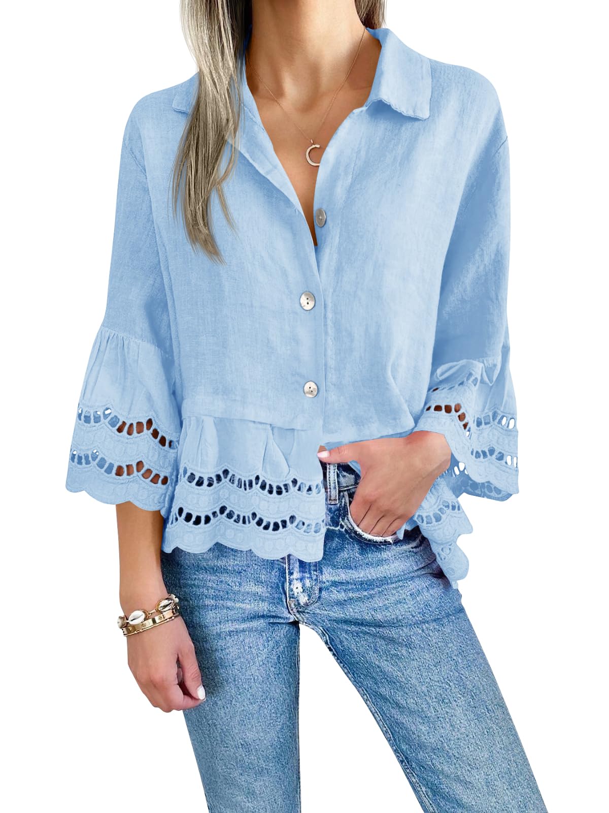 Women's Chic Ruffle Hem Hollow Out Blouse