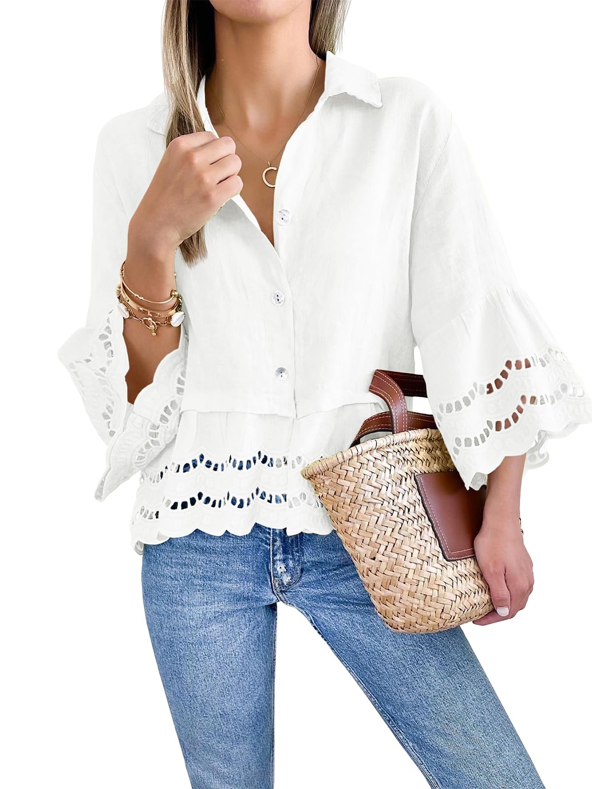 Women's Chic Ruffle Hem Hollow Out Blouse