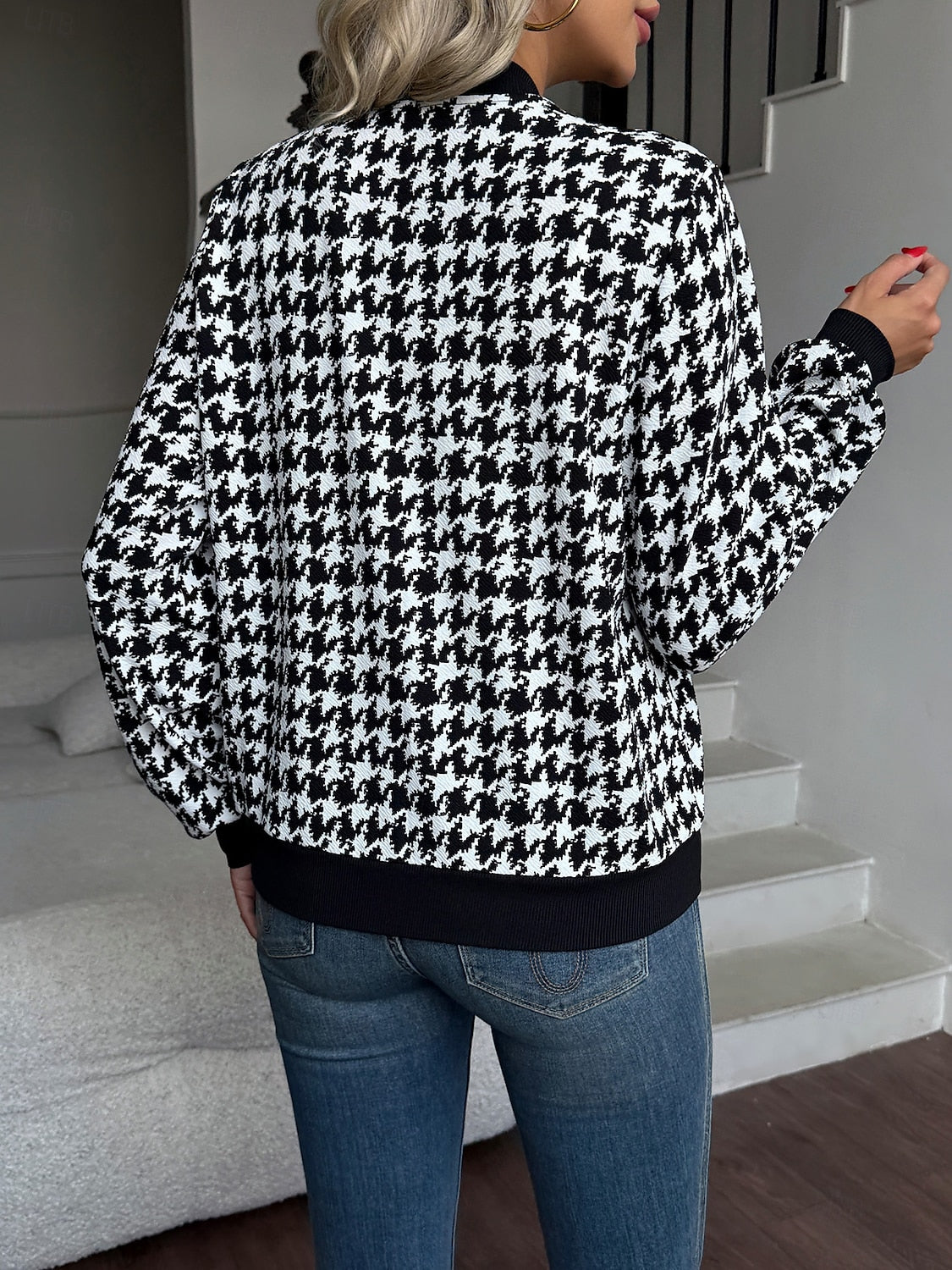 Women's Vintage Houndstooth Casual Jacket Baseball Collar Long Sleeve Outerwear