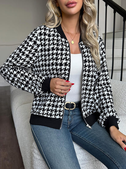 Women's Vintage Houndstooth Casual Jacket Baseball Collar Long Sleeve Outerwear