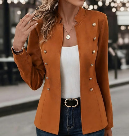 Women's Solid Color Stand Collar Blazer Casual Long Sleeve Outerwear for Fall